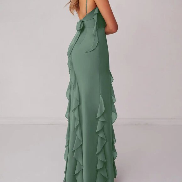Brand New Barbie x Azazie Chiffon Ruffle Column Dress with Leg Slit Eucalyptus - Picture 2 of 8